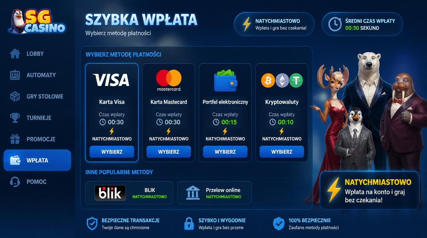 Interfejs różnych metod płatności w SG Casino, karty, portfele, kryptowaluty