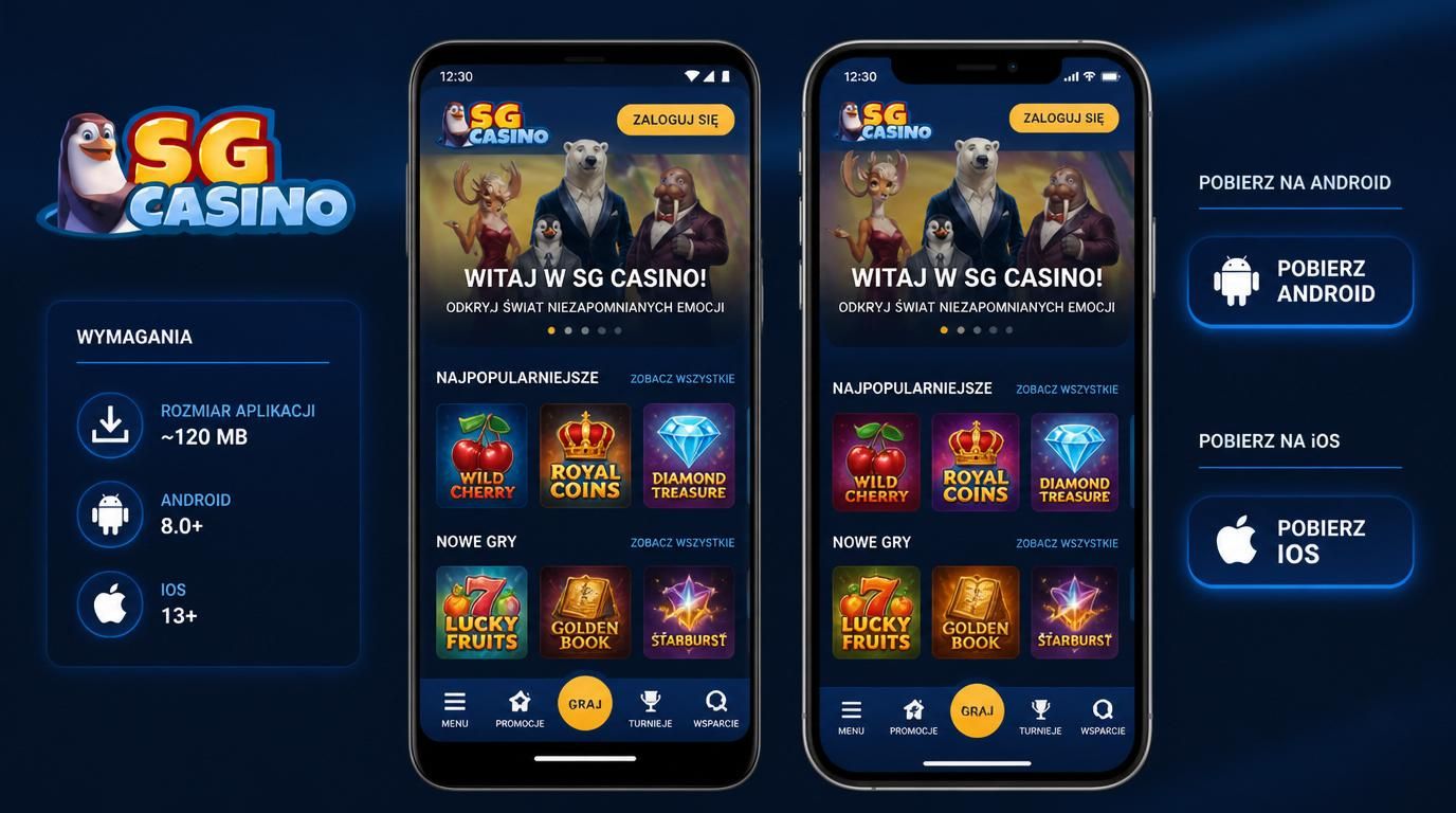 Wymagania systemowe SG Casino Android i iOS, interfejs ciemny z mocnymi akcentami