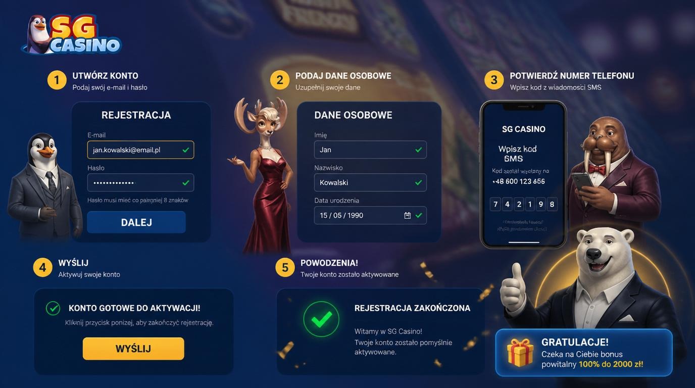 Widok formularza rejestracji SG Casino z potwierdzeniem email i SMS