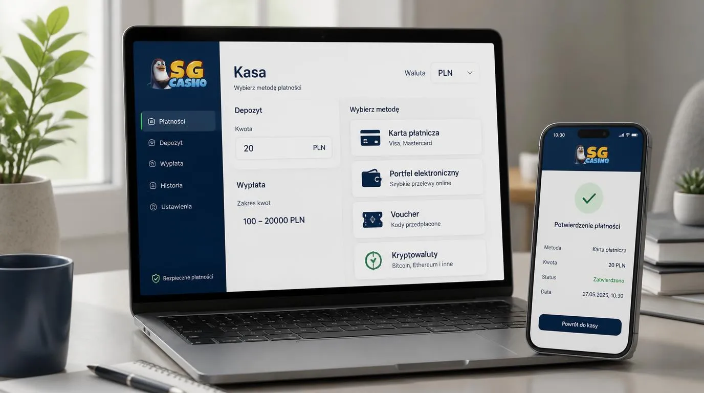 Panel kasjera z saldem w PLN, wyborem metod płatności i limitami wpłat oraz wypłat